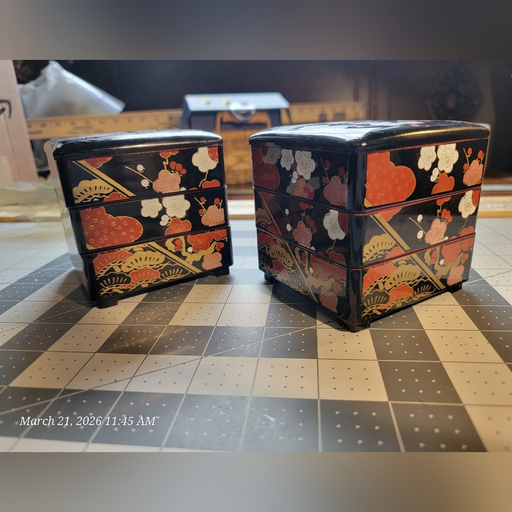 Japanese Floral Lacquered Stacking Box, ONE BOX. Two Available